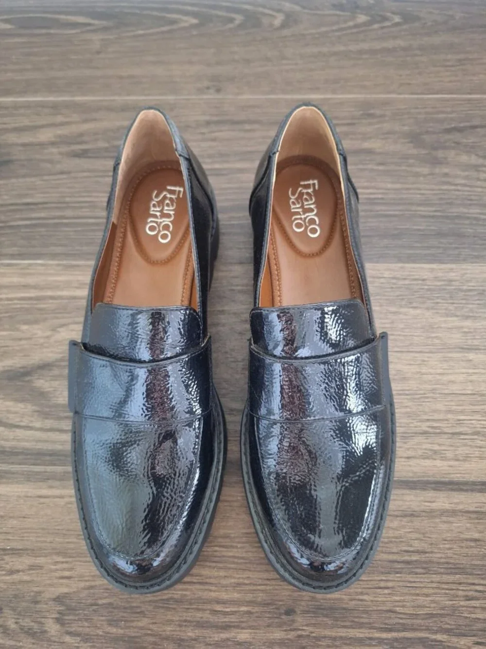 NWOT Franco Sarto Brindy Patent Leather Size 8.5 Loafers Black Lug Sole Slip On